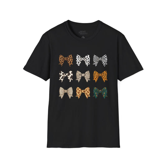black t-shirt with animal print bow pattern coquette gift design