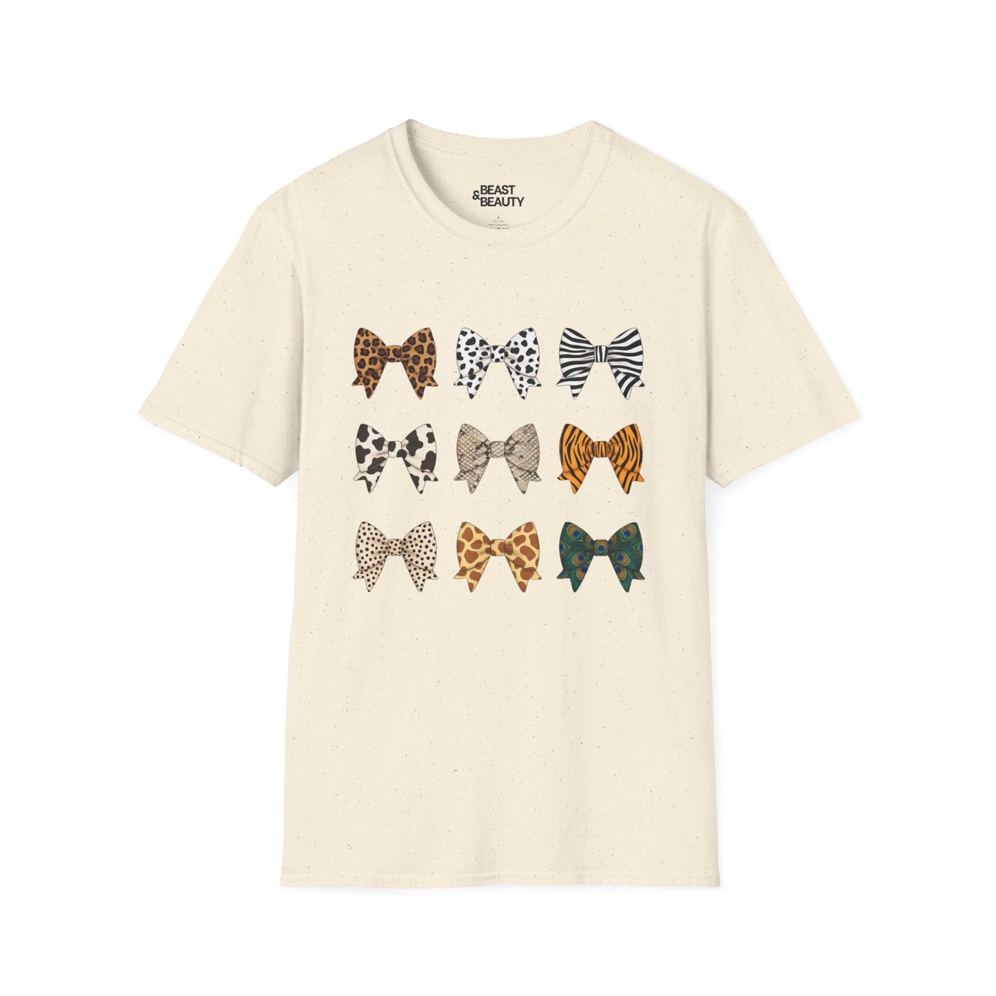 natural coloured t-shirt with animal print bow pattern coquette design for her