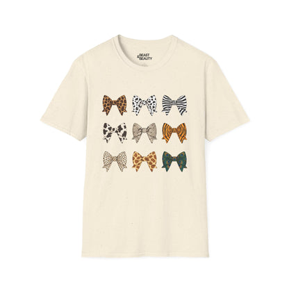 natural coloured t-shirt with animal print bow pattern coquette design for her