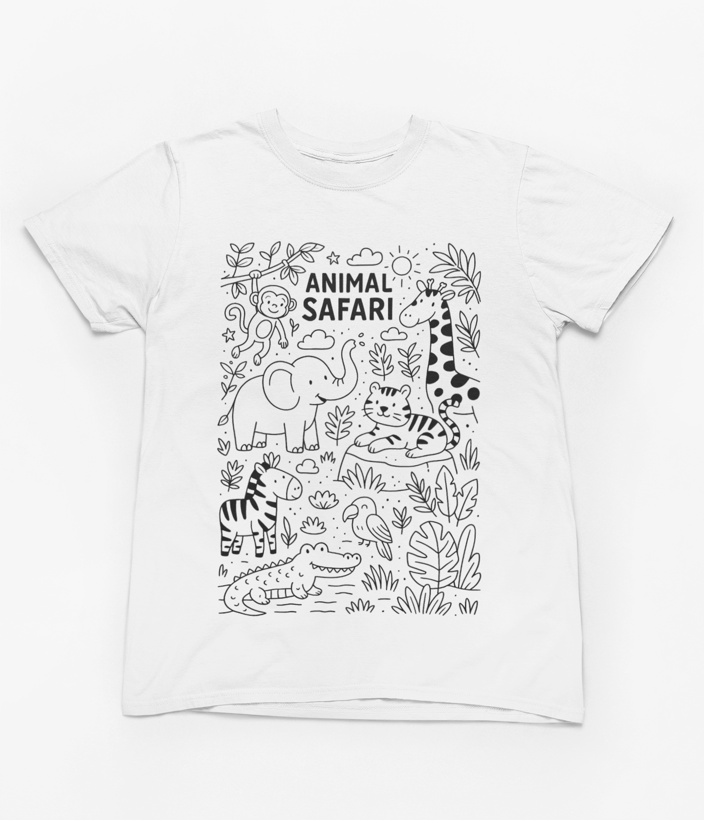 kids colour-in t-shirt with safari animals including lion monkey and elephant ready to colour
