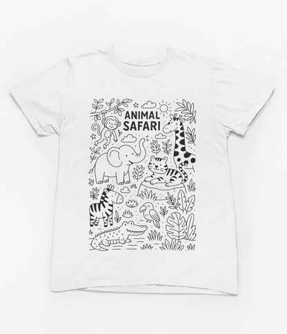 kids colour-in t-shirt with safari animals including lion monkey and elephant ready to colour