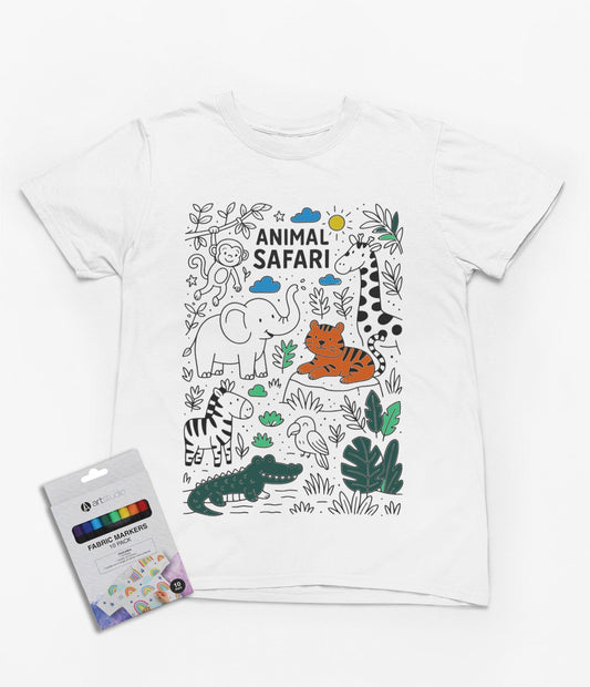 kids safari colour-in t-shirt showing alternate colourway with jungle animal outline design