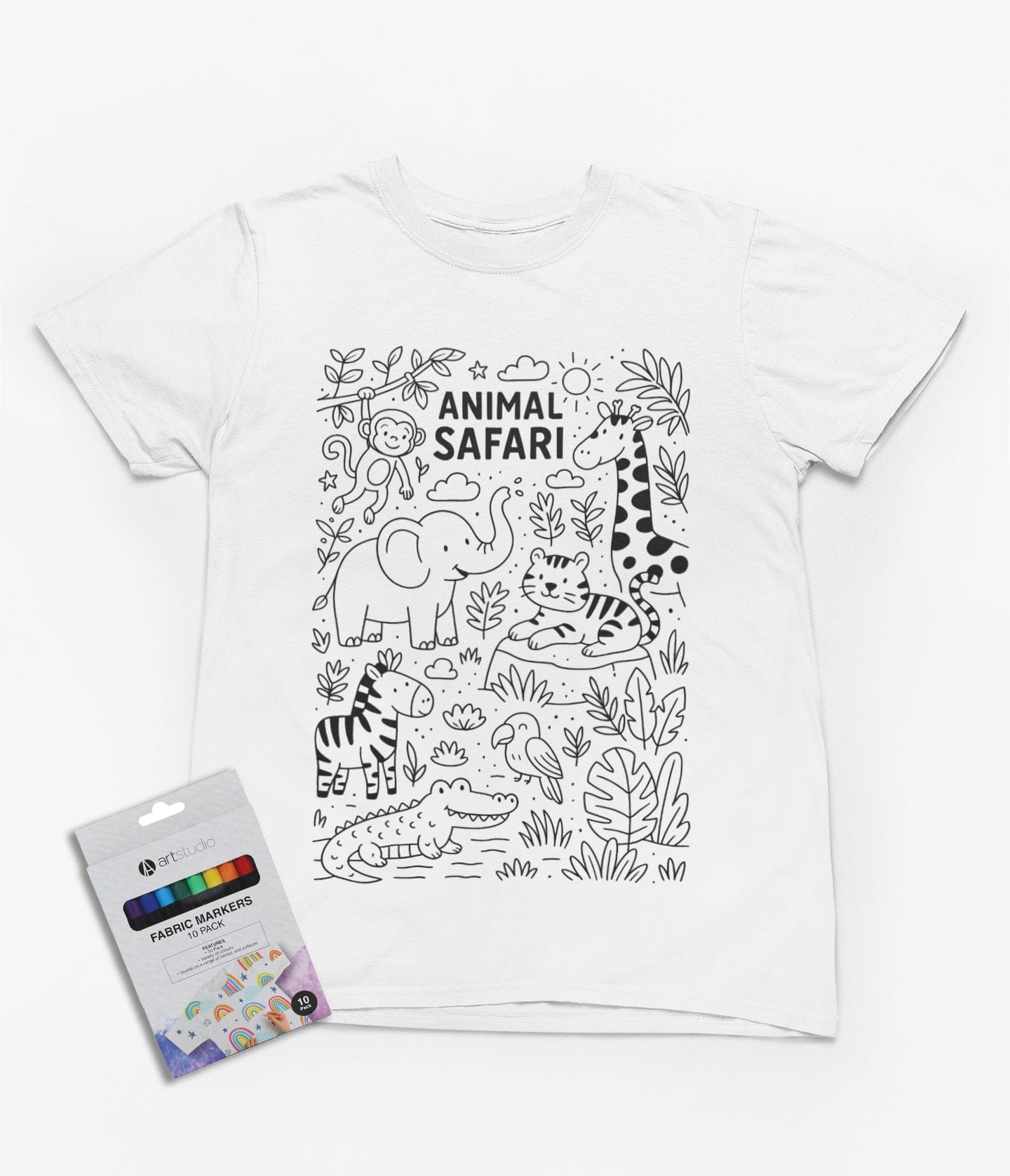 white kids t-shirt with animal safari colour-in jungle design and fabric markers