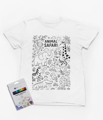 white kids t-shirt with animal safari colour-in jungle design and fabric markers
