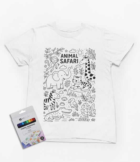 white kids t-shirt with animal safari colour-in jungle design and fabric markers
