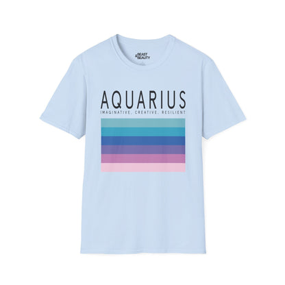natural colour unisex t-shirt with minimalist aquarius zodiac print