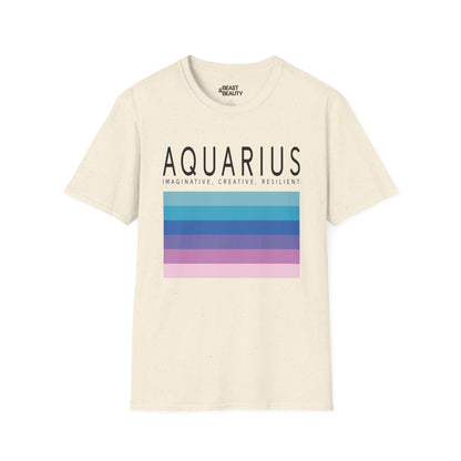white unisex t-shirt with aquarius star sign graphic design