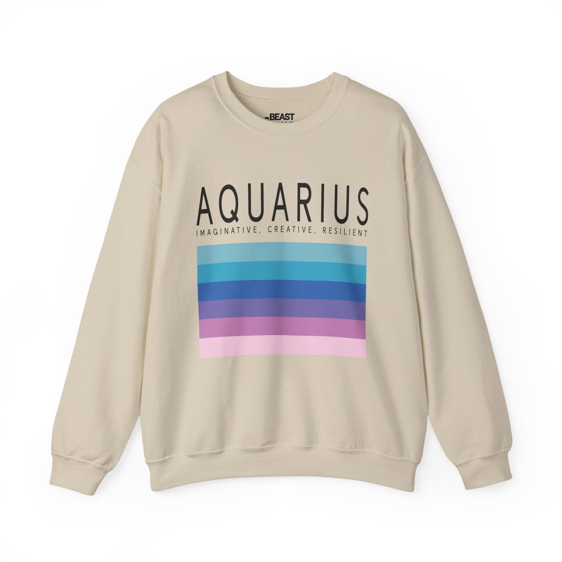 sand sweatshirt with bold Aquarius star sign typography and pastel stripe design