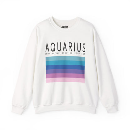 white unisex sweatshirt with minimalist retro Aquarius zodiac sign design