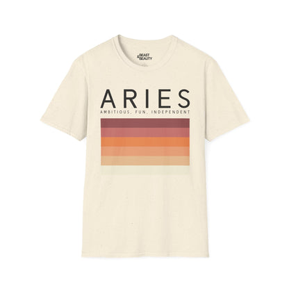white unisex t-shirt with retro-inspired aries zodiac graphic design