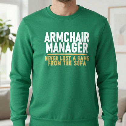 Armchair Manager Never Lost A Game From The Sofa Funny Football T-Shirt & Sweatshirt in Irish Green, worn, our photo