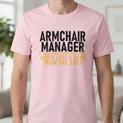 Armchair Manager Never Lost A Game From The Sofa Funny Football T-Shirt & Sweatshirt in Light Pink, worn, our photo
