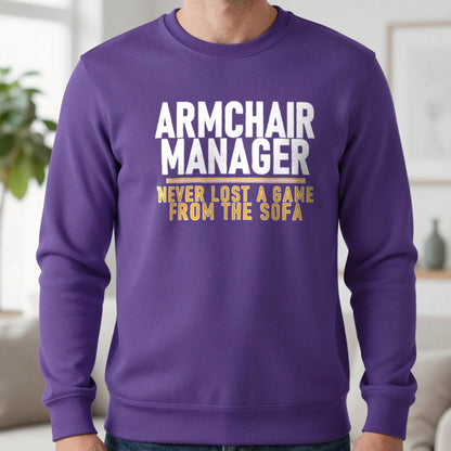 Armchair Manager Never Lost A Game From The Sofa Funny Football T-Shirt & Sweatshirt in Purple, worn, our photo