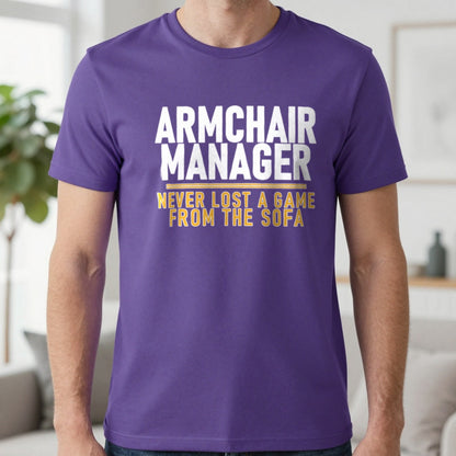 Armchair Manager Never Lost A Game From The Sofa Funny Football T-Shirt & Sweatshirt in Purple, worn, our photo