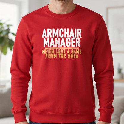Armchair Manager Never Lost A Game From The Sofa Funny Football T-Shirt & Sweatshirt in Red, worn, our photo