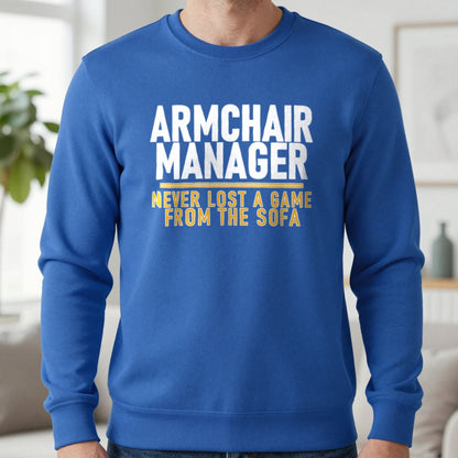 Armchair Manager Never Lost A Game From The Sofa Funny Football T-Shirt & Sweatshirt in Royal, worn, our photo