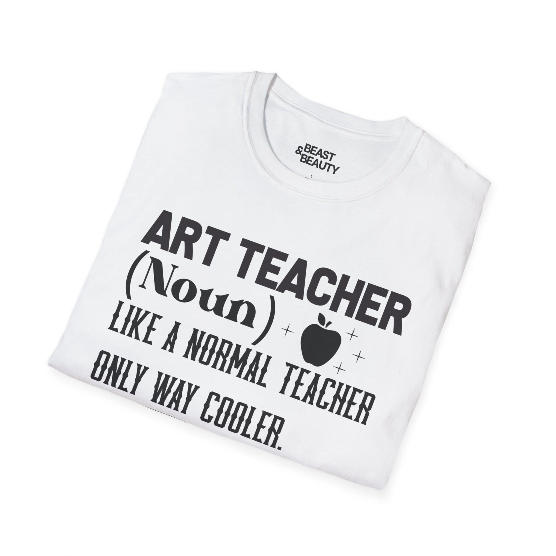 white art teacher definition t-shirt laid flat showing full print design