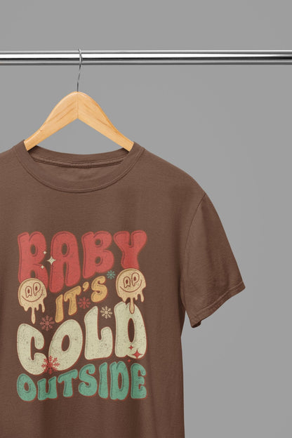 brown t-shirt with baby it's cold outside funny christmas design