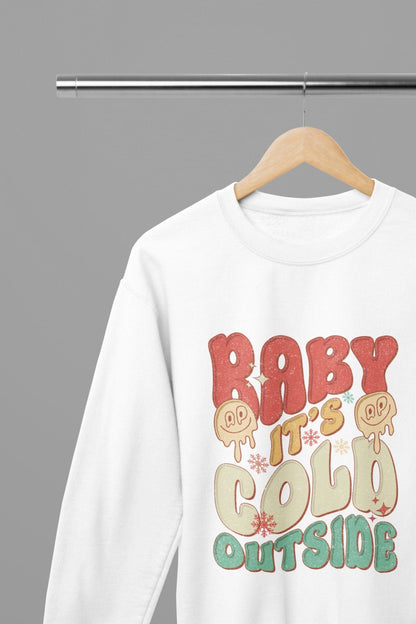 white sweatshirt with baby it's cold outside funny christmas design