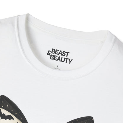 bat lace bow t-shirt lifestyle shot showing dark elegant bow detail