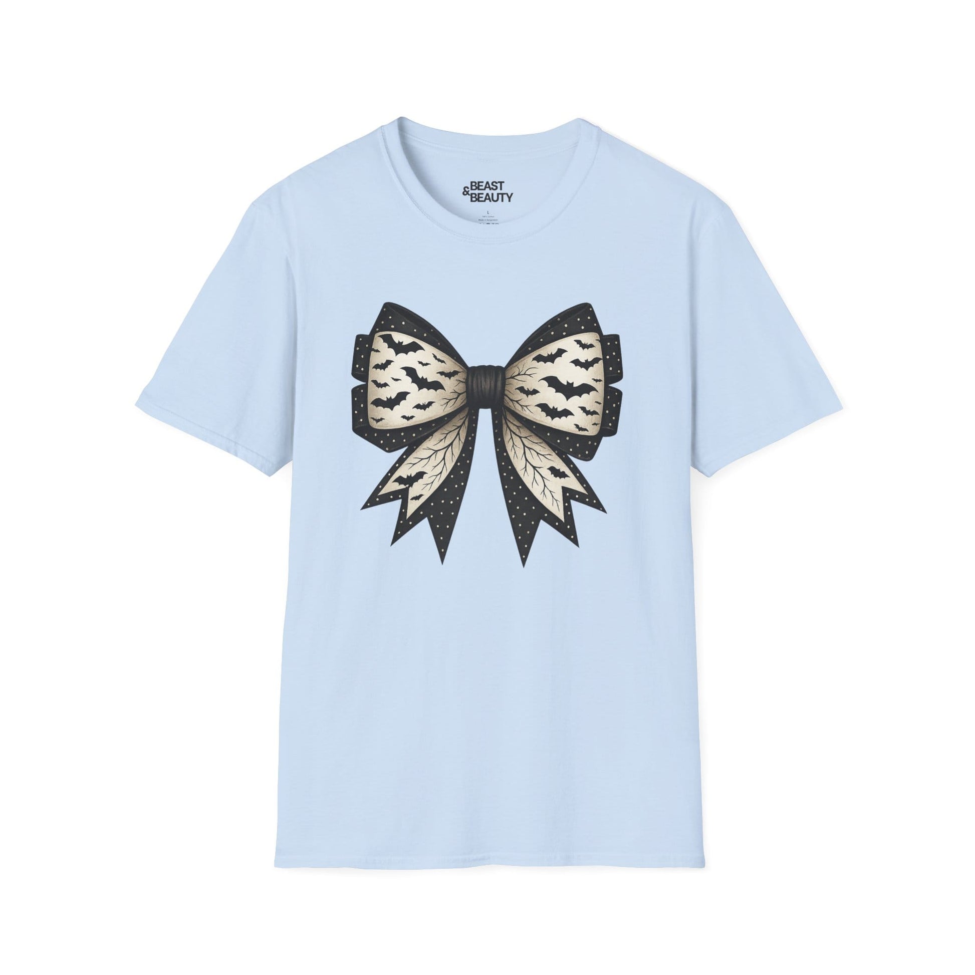 light blue t-shirt with bat lace bow dark elegant design
