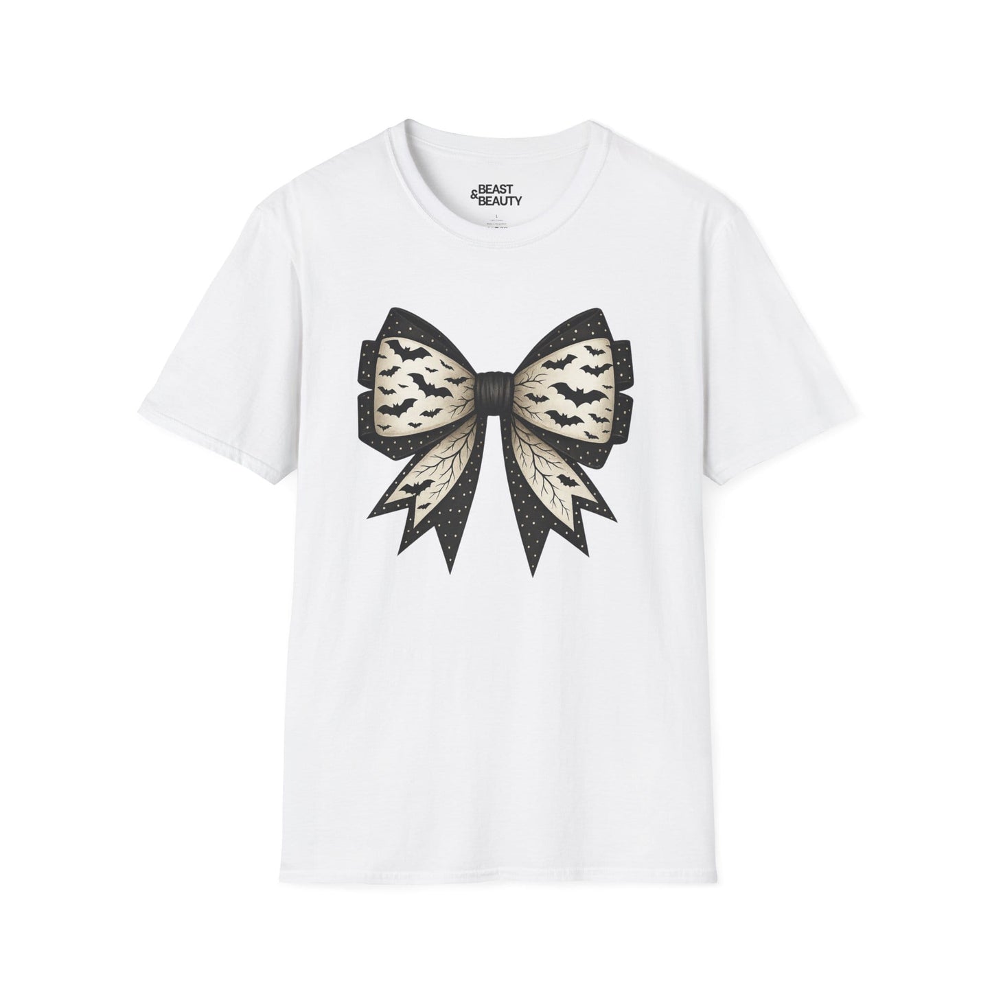white t-shirt with bat lace bow gothic coquette design for her