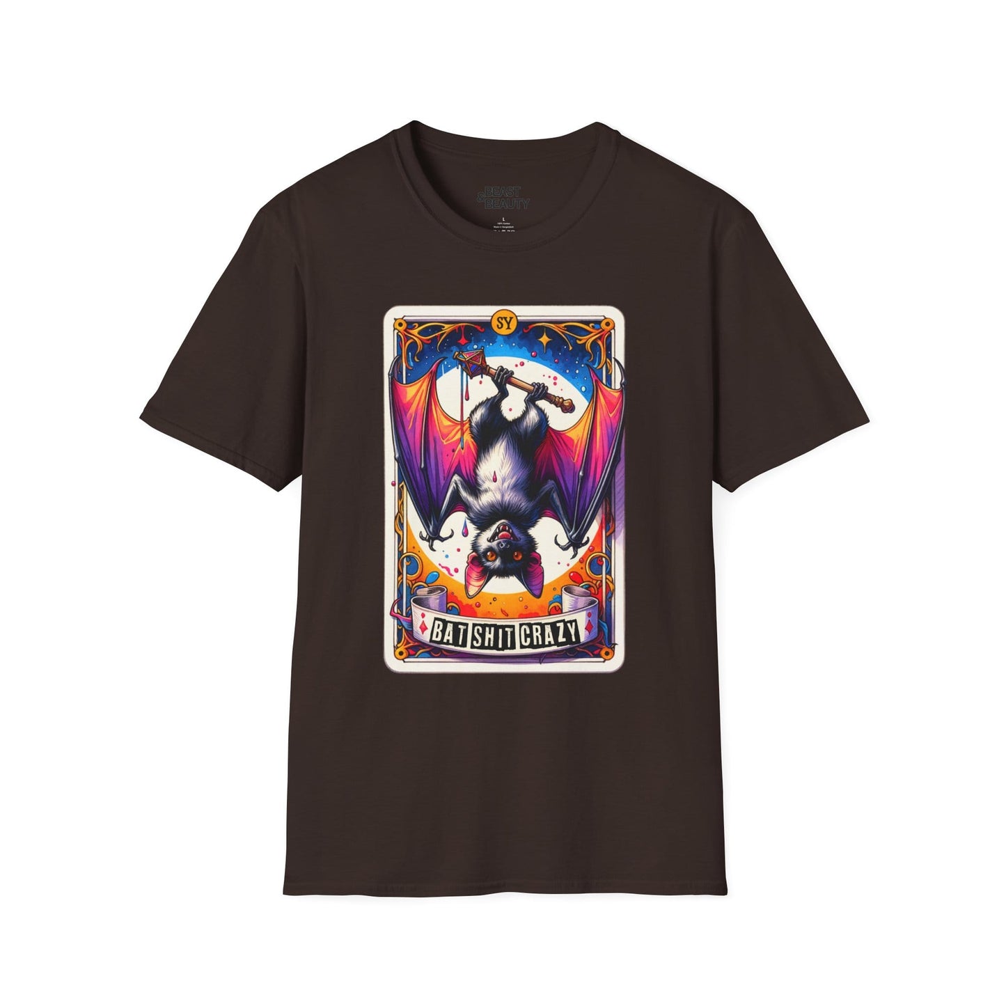 dark chocolate alternative fashion t-shirt with batshit crazy tarot graphic
