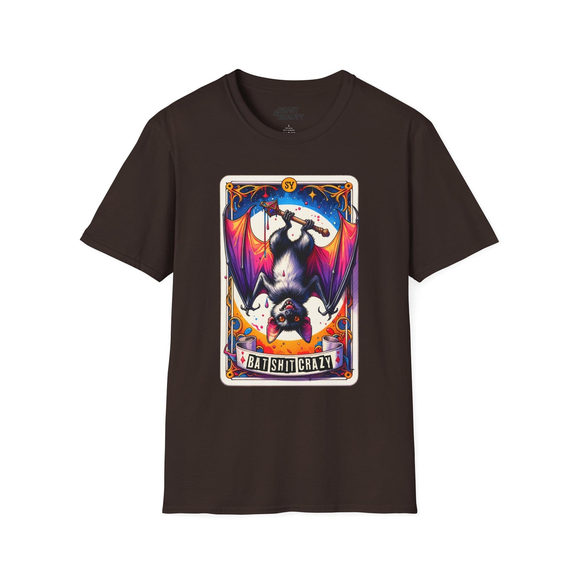 dark chocolate alternative fashion t-shirt with batshit crazy tarot graphic