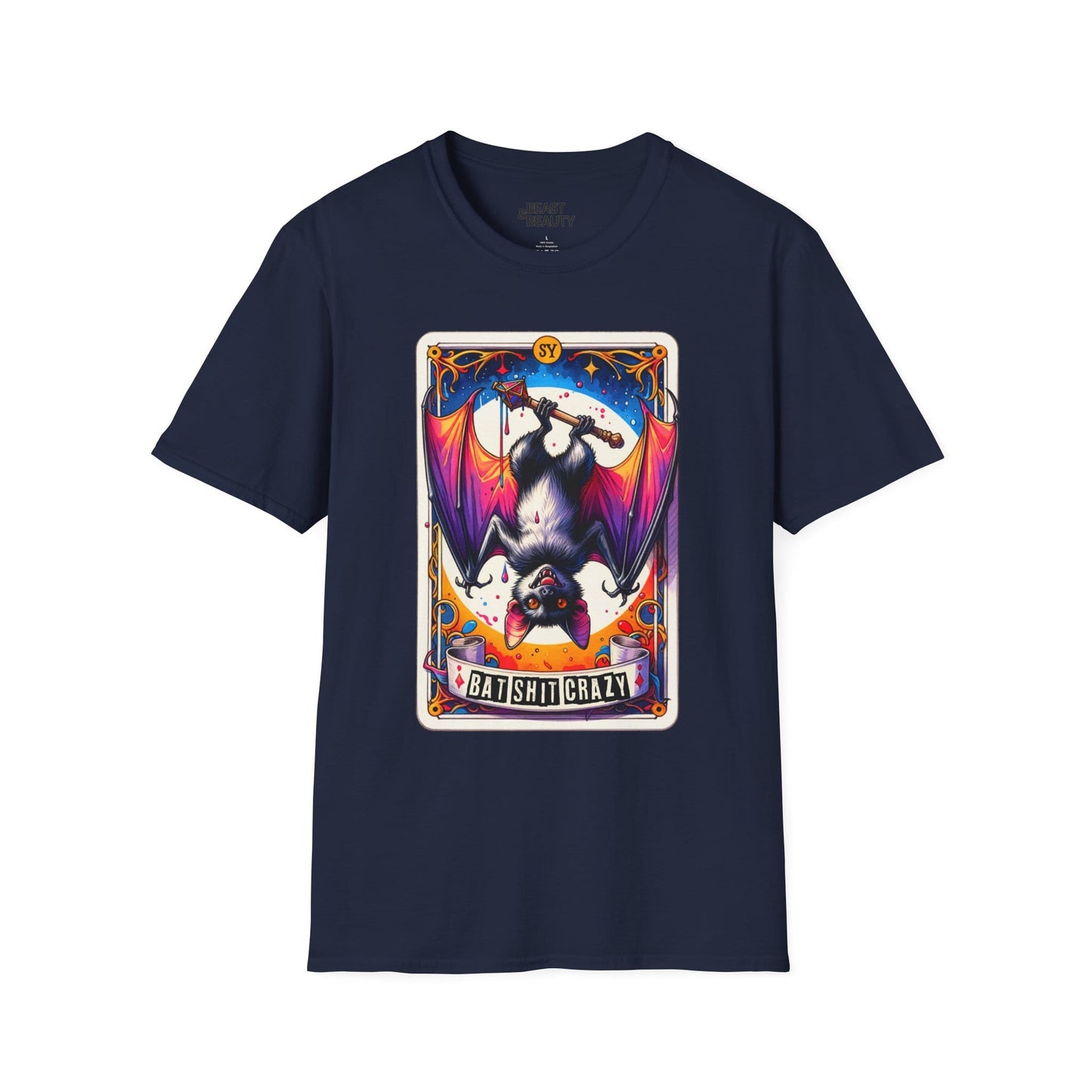 royal blue t-shirt with batshit crazy tarot card funny slogan print