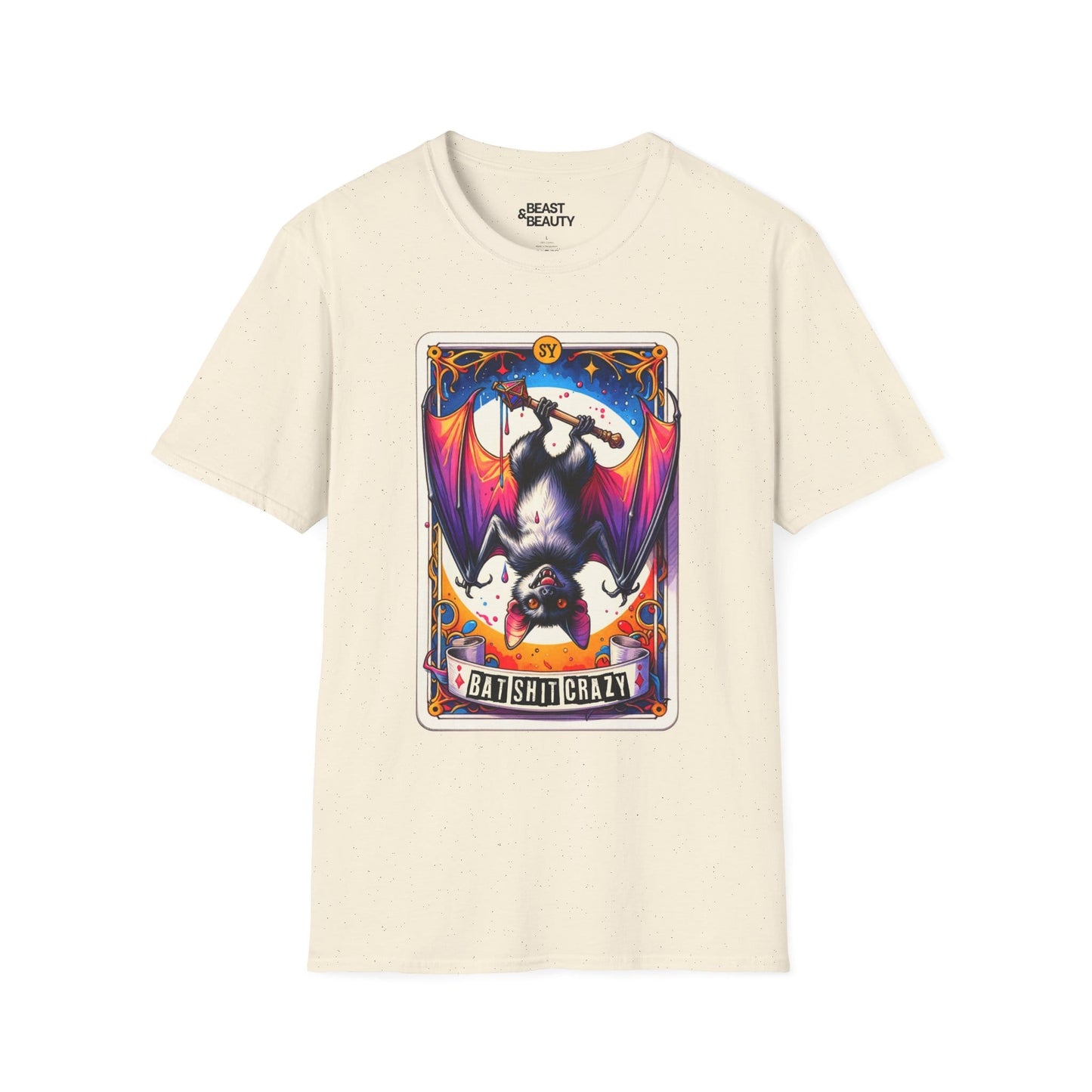 navy t-shirt with batshit crazy tarot gothic graphic tee design