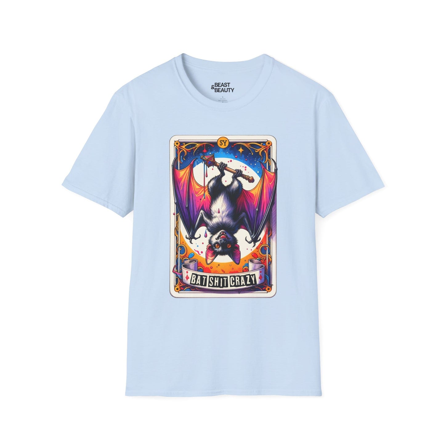 light blue t-shirt with batshit crazy tarot card dark humour design