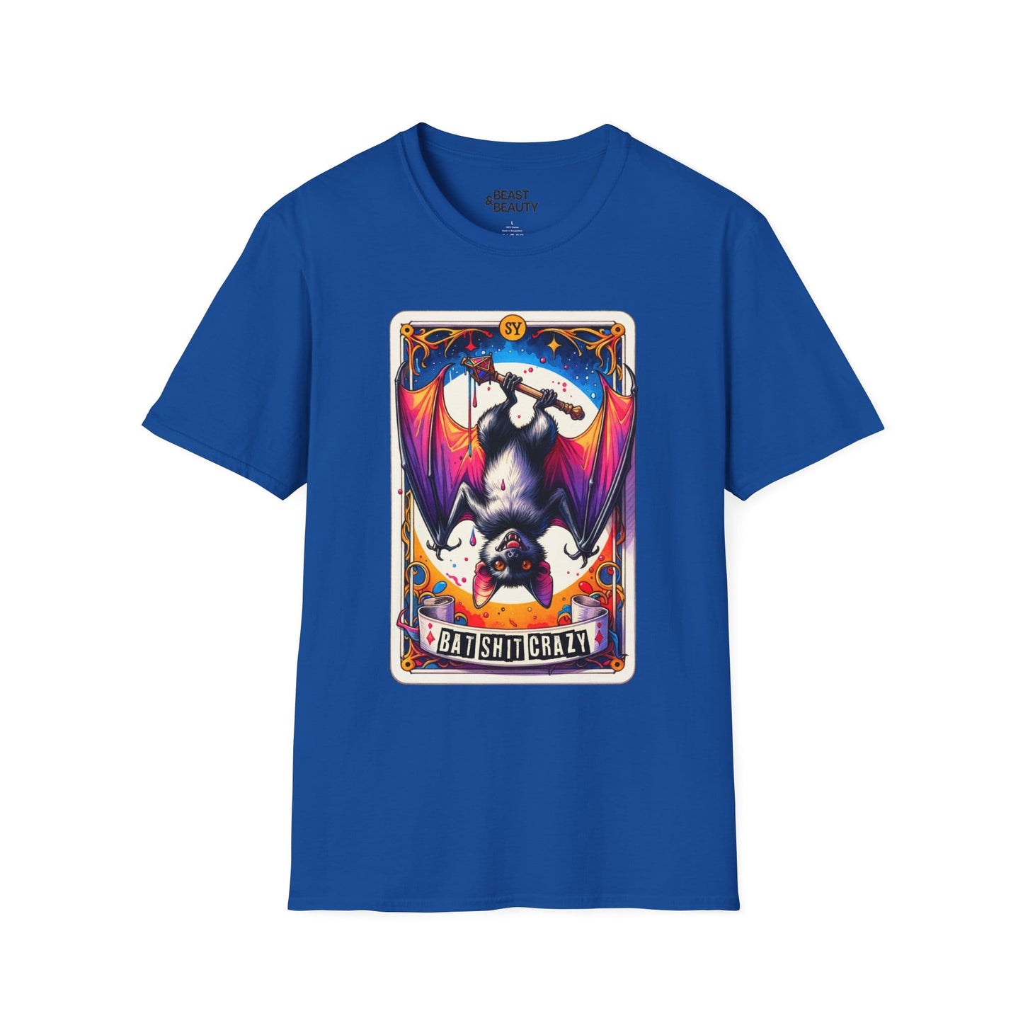 black t-shirt with batshit crazy tarot card gothic graphic design