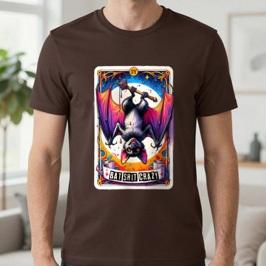 Batshit Crazy Tarot Graphic T-Shirt in Dark Chocolate, worn, our photo