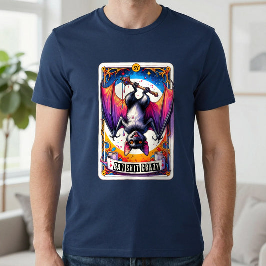 Batshit Crazy Tarot Graphic T-Shirt worn, lifestyle photo