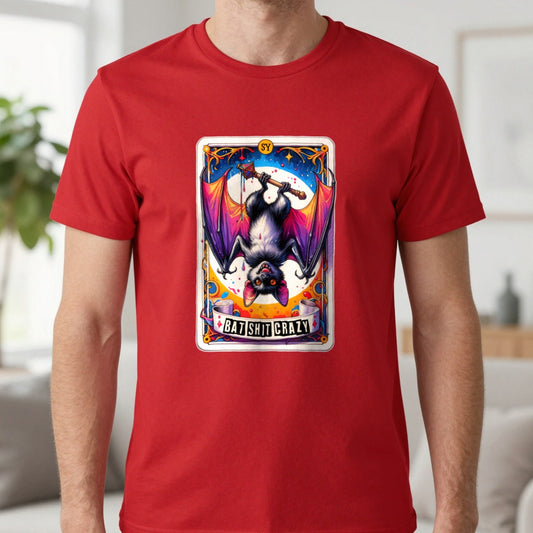 Batshit Crazy Tarot Graphic T-Shirt in Red, worn, our photo