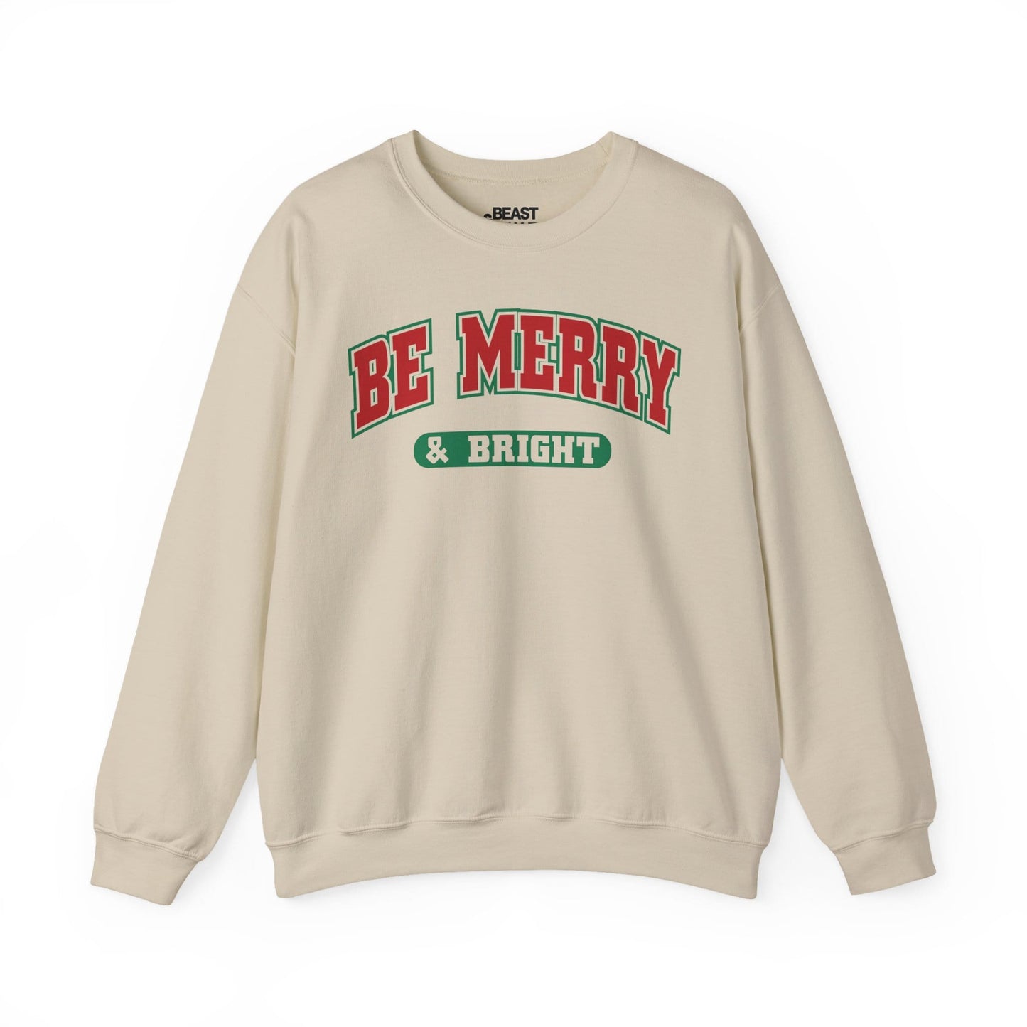 sand sweatshirt with be merry and bright christmas slogan for holiday gifting