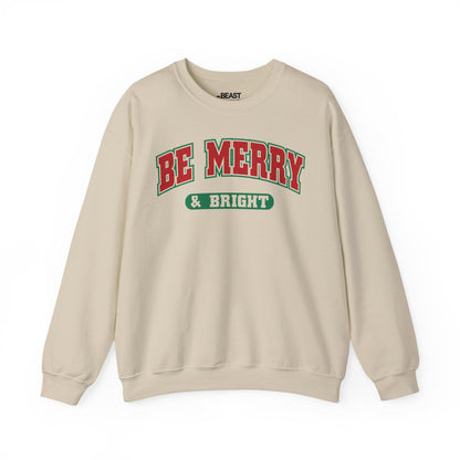 sand sweatshirt with be merry and bright christmas slogan for holiday gifting