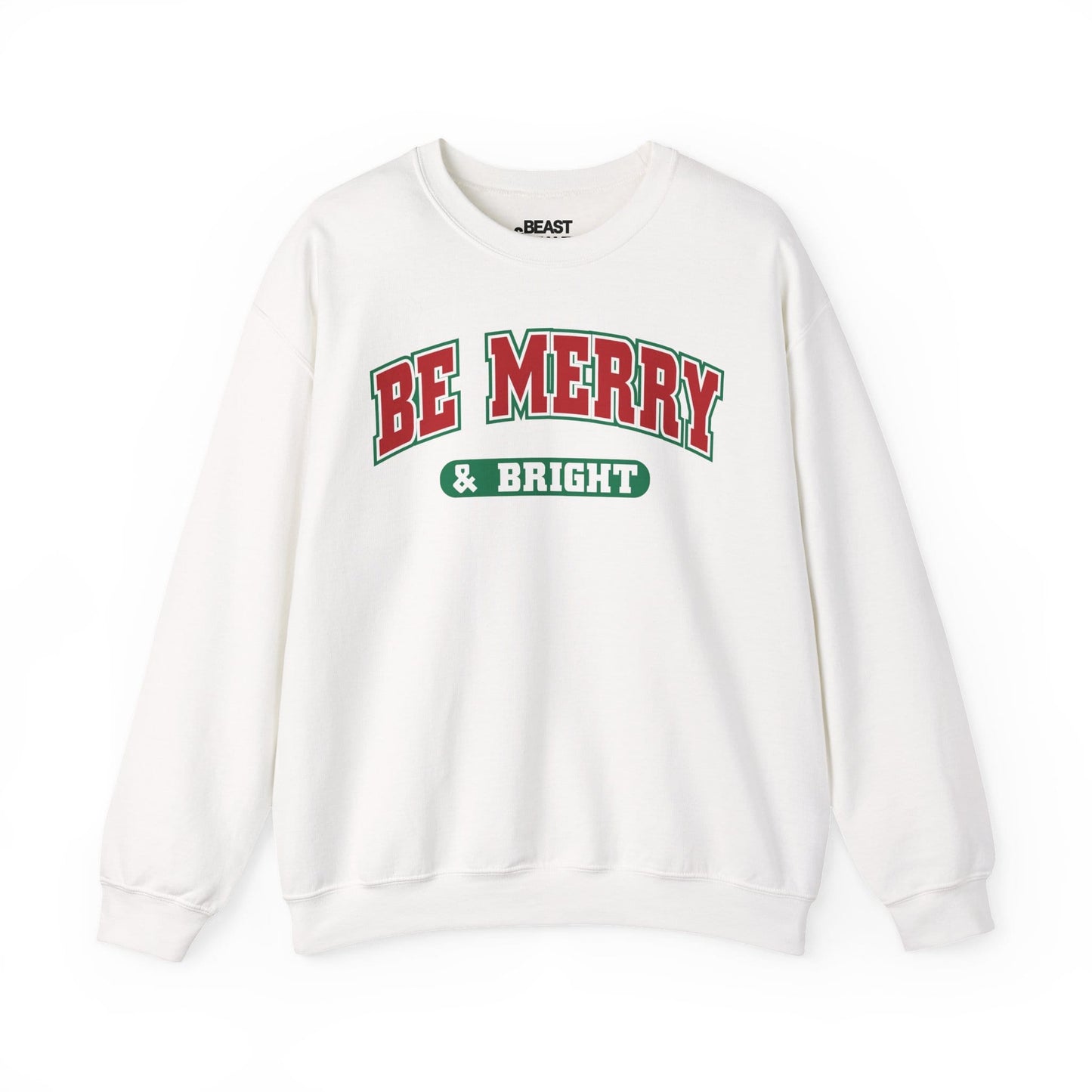 white sweatshirt with be merry and bright festive typography print
