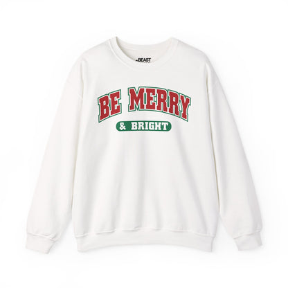 white sweatshirt with be merry and bright festive typography print