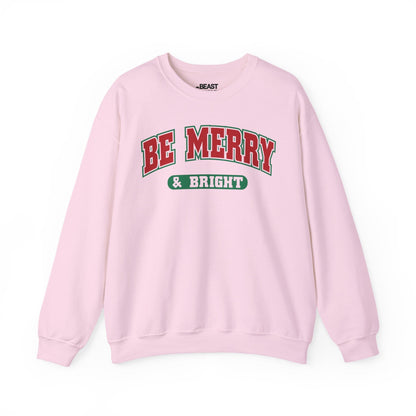 light pink sweatshirt with be merry and bright christmas slogan design