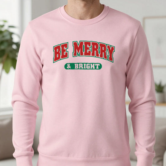 Be Merry & Bright Christmas Sweatshirt in Light Pink, worn, our photo