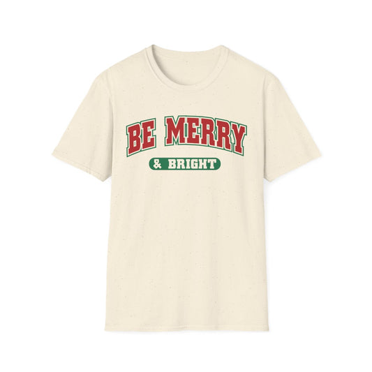 light blue t-shirt with be merry and bright festive slogan design