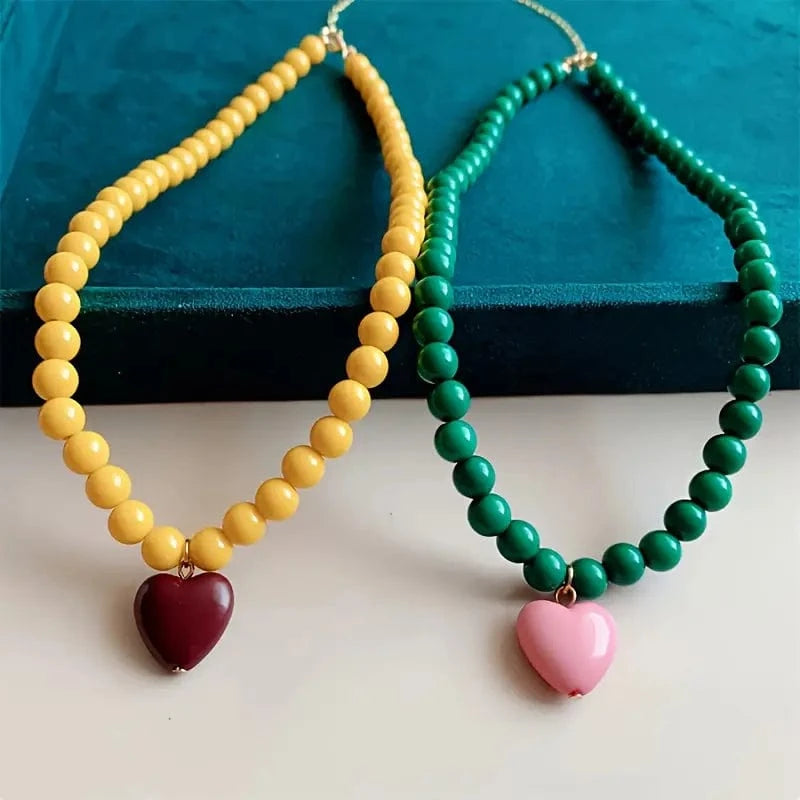 beaded heart necklace with glossy resin pendant boho festival jewellery for women