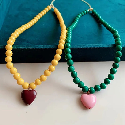 beaded heart necklace with glossy resin pendant boho festival jewellery for women