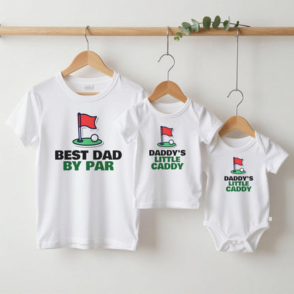 Best Dad By Par & Daddy's Little Caddy Golf matching set grown-up tee, kids tee and baby grow on hangers