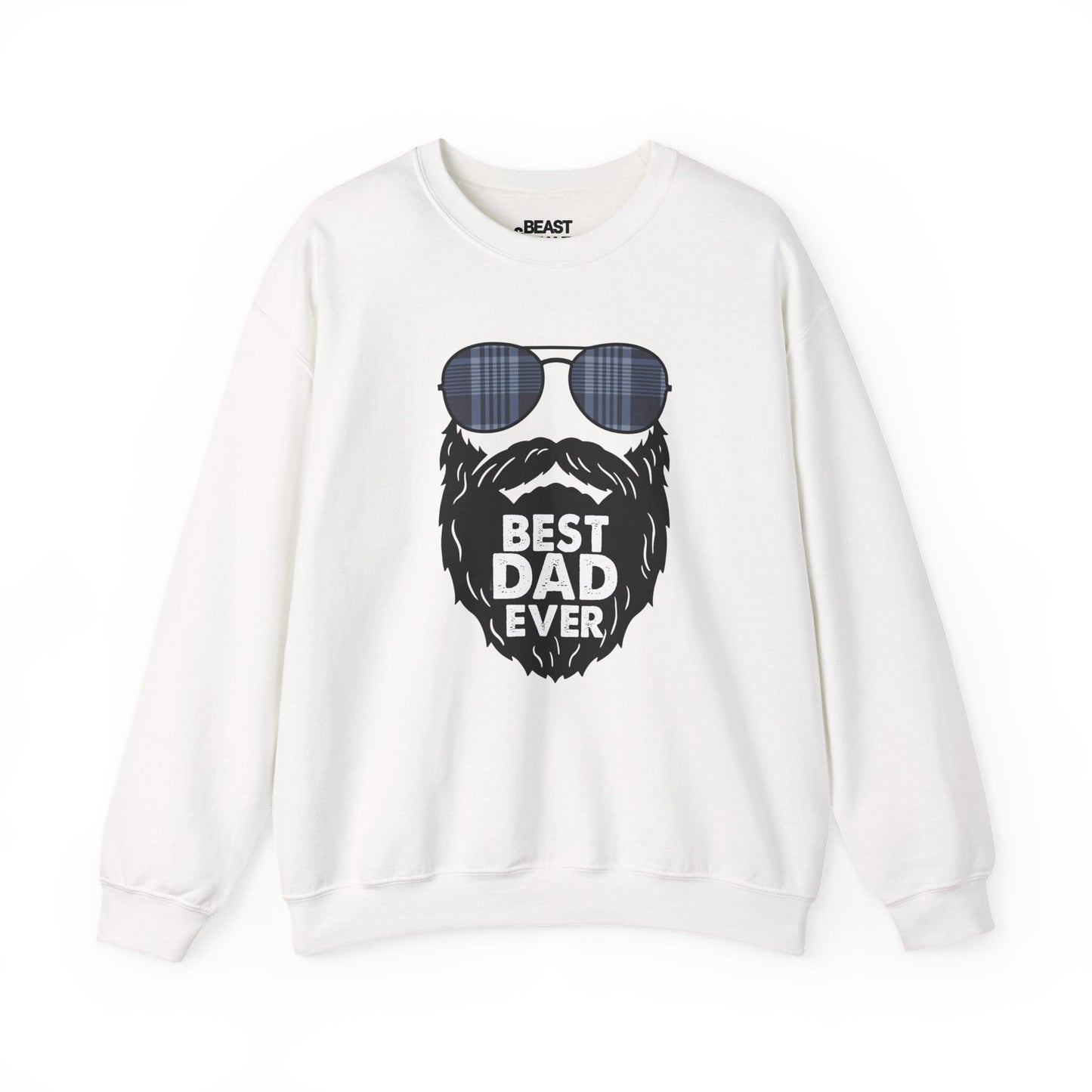 red crewneck sweatshirt with best dad ever distressed bearded aviator print