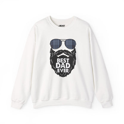 red crewneck sweatshirt with best dad ever distressed bearded aviator print
