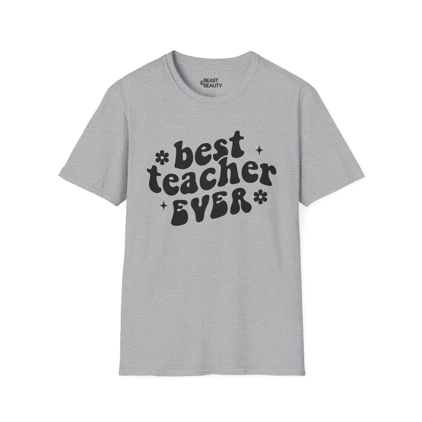 white t-shirt with best teacher ever bold retro print and floral accents