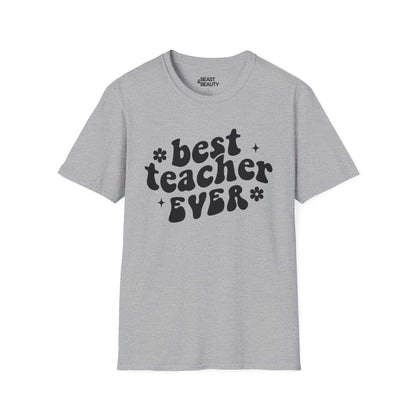 white t-shirt with best teacher ever bold retro print and floral accents
