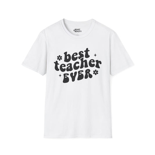 light blue t-shirt with best teacher ever retro typography and floral design